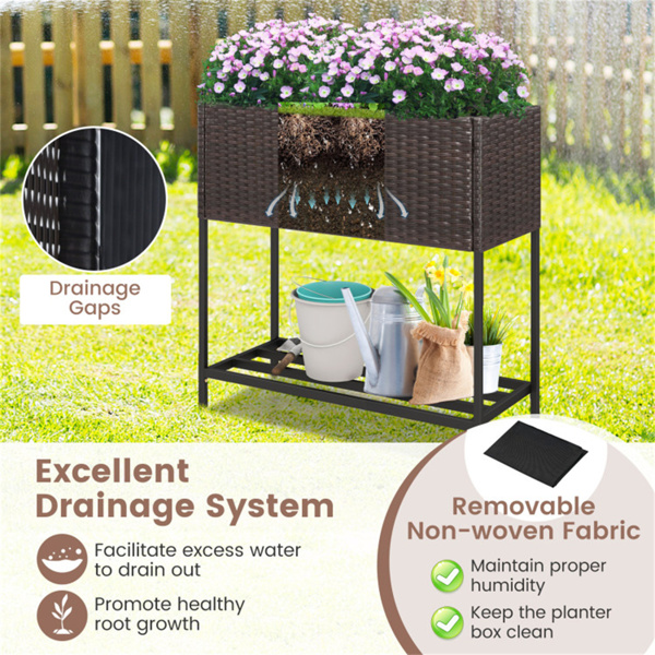 28英寸高架花盆箱，带储物架，符合人体工程学的花园床，用于露台阳台香草蔬菜 - 棕色-9