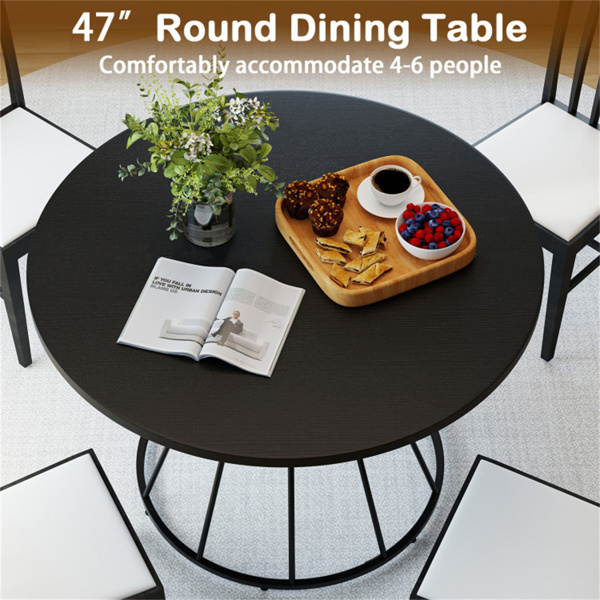 黑色47英寸圆形餐桌，适合4-6人家庭使用，沙漏金属底座和曲面桌面-11
