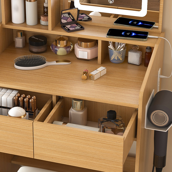 带LED照明镜、电源插座、吹风机支架和凳子的梳妆台 – 适用于小卧室的紧凑型梳妆台（木质）不支持self-pick up且不支持指定仓库发货-11