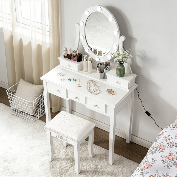 五抽单镜梳妆桌套装 欧式 带灯泡 白色=39757282,61588080-9