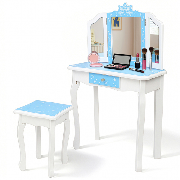  蓝色 雪花 密度板喷漆 三折镜 单抽 梳妆桌套装 儿童 N201-6