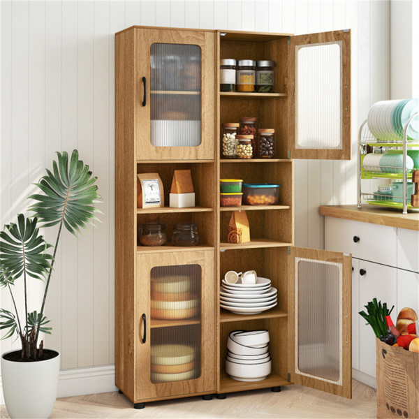 67英寸高瘦浴室储物柜，带槽门，可调节架子，独立式窄收纳架 - 自然色-9