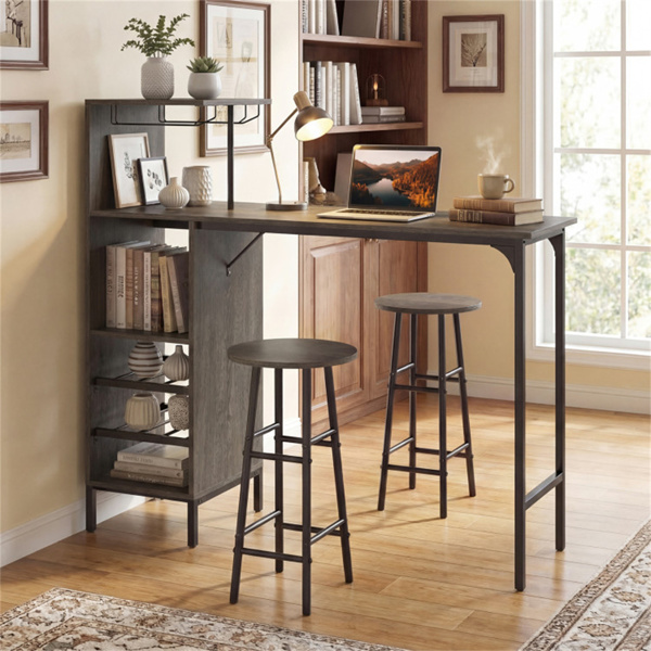 3PCS酒吧桌和凳子套装，葡萄酒储存（6瓶+酒杯架），橡木-5