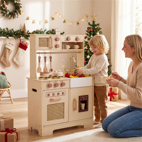 儿童木制游戏厨房，配有逼真的灯光和声音，为幼儿提供假装制冰机和配件-11