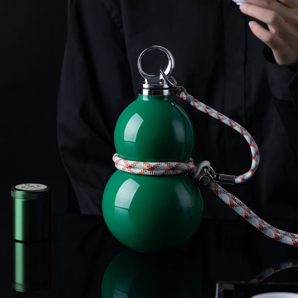 葫芦保温杯水壶带吸管大容量高颜值国潮随行外带便携不锈钢杯深绿色-7
