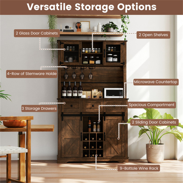 棕色农舍72英寸橱柜，带把手、滑动谷仓门和葡萄酒储物架-10
