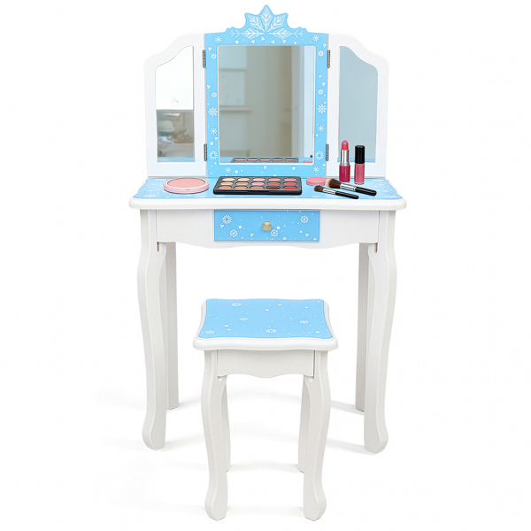 蓝色 雪花 密度板喷漆 三折镜 单抽 梳妆桌套装 儿童 N201-1