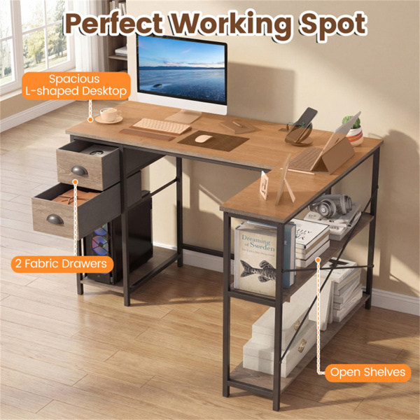 L形电脑桌，带内置电源插座、USB和Type-C充电端口、带织物抽屉和储物架的家庭办公室角桌 - 橡树色-9