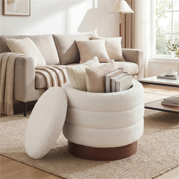 圆形旋转储物脚凳，带实木框架，无需组装，储物空间为5.5加仑-白色-6