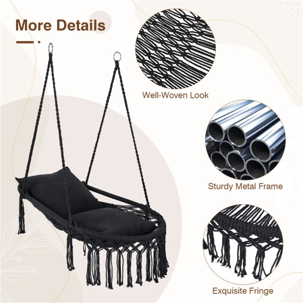 波西米亚流苏结 秋千带2个软垫的悬挂秋千椅，可容纳330磅的吊床椅，适用于室内室外卧室露台阳台-黑色-9