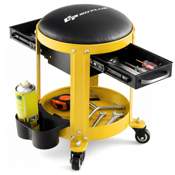 车间爬行座椅，带可拆卸软垫座椅和抽屉   - 黄色-1