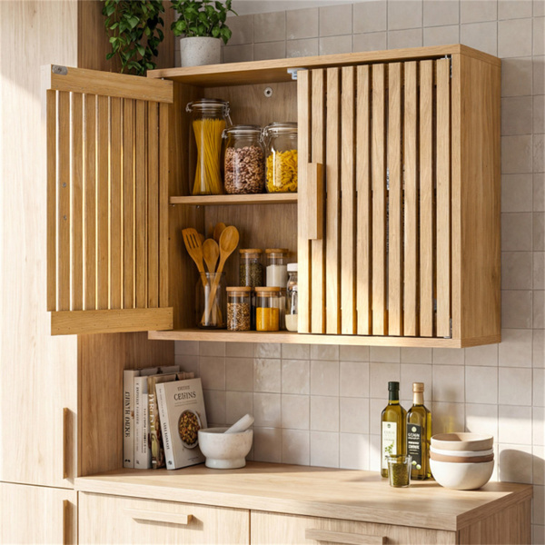 天然双层壁挂式浴室柜，带板条门，60.96×20.32×50.8cm可调节储物箱，8.85kg-10