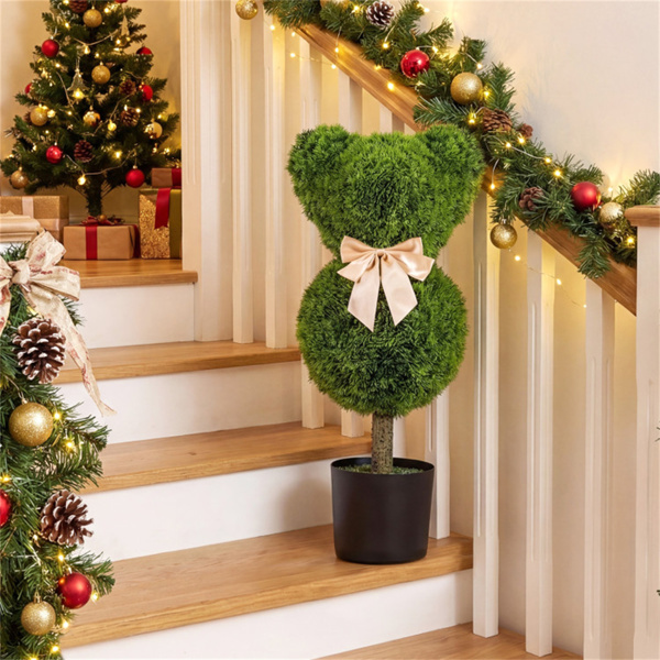 2件套可爱的熊皮树，配以水泥加重的花盆，室内外采用逼真的绿色假Boxwood装饰-9