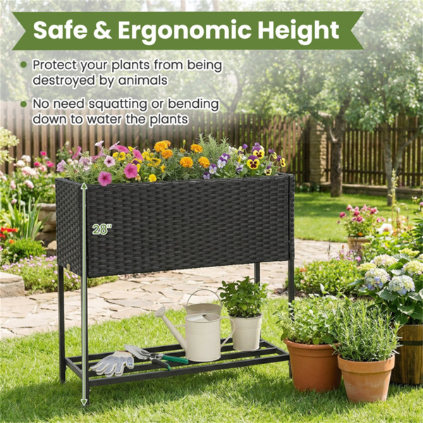 28英寸高架花盆箱，带储物架，符合人体工程学的花园床，用于露台阳台香草蔬菜 - 黑色-11