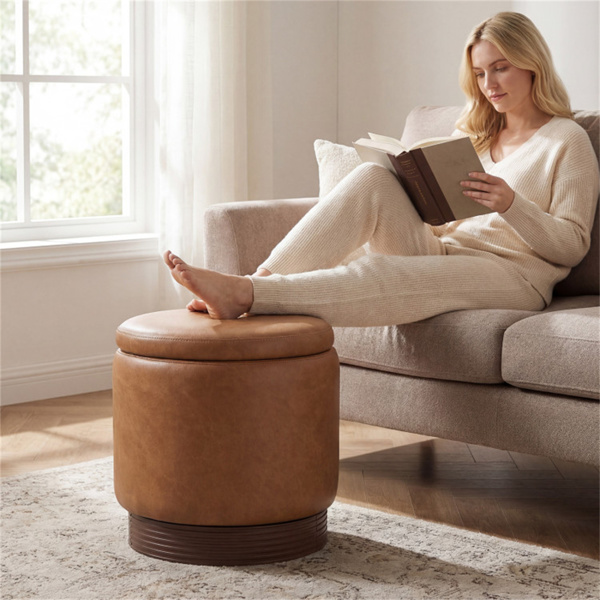 棕色360°旋转储物奥斯曼，43.18×45.72cm仿皮梳妆台凳，带26.50L隐藏空间-7