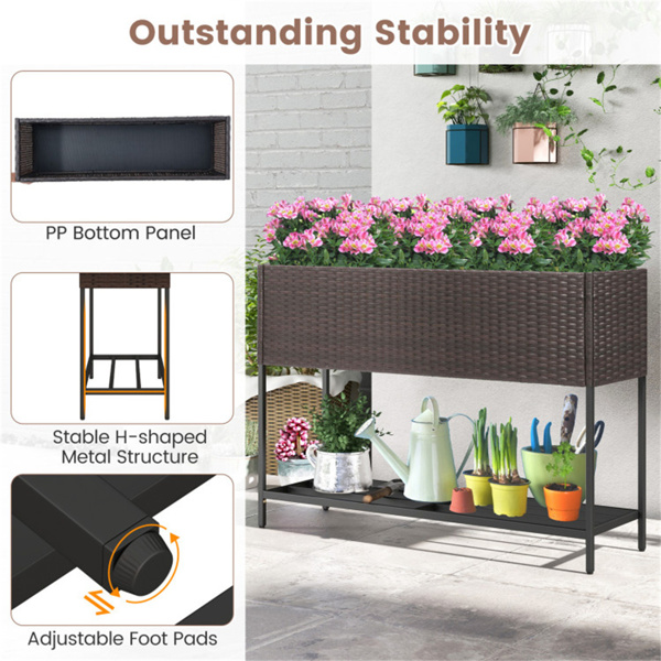 棕色PE藤条高架花盆，带下架，101.6×30.48×71.12cm带排水的高架花园床，7.03kg-5