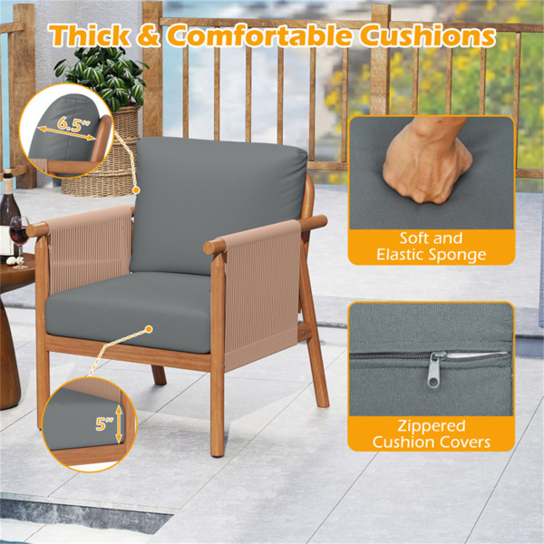 灰色波西米亚庭院相思木椅，带编织绳扶手，门廊阳台用软垫户外装饰椅-7