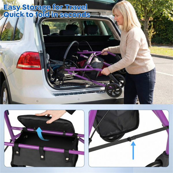 带座椅的二合一滚轮助行器（紫色），8英寸大车轮和多功能制动系统，高度可调-8