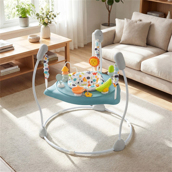 3层高度可调婴儿弹跳器，带多功能玩具，稳定的金属框架跳跃器 -蓝色-3