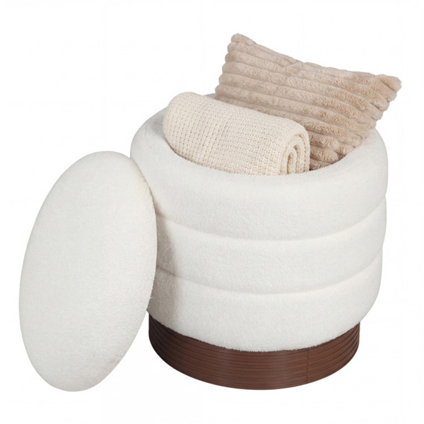 圆形旋转储物脚凳，带实木框架，无需组装，储物空间为5.5加仑-白色-1