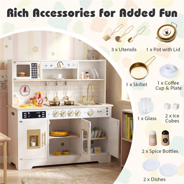 儿童木制游戏厨房，配有逼真的灯光和声音，为3岁幼儿提供假装制冰机和储物空间+ - 白色-8