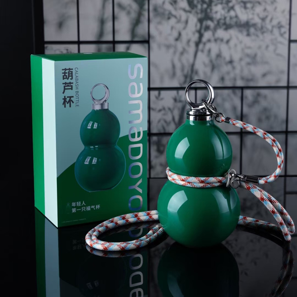 葫芦保温杯水壶带吸管大容量高颜值国潮随行外带便携不锈钢杯深绿色-3