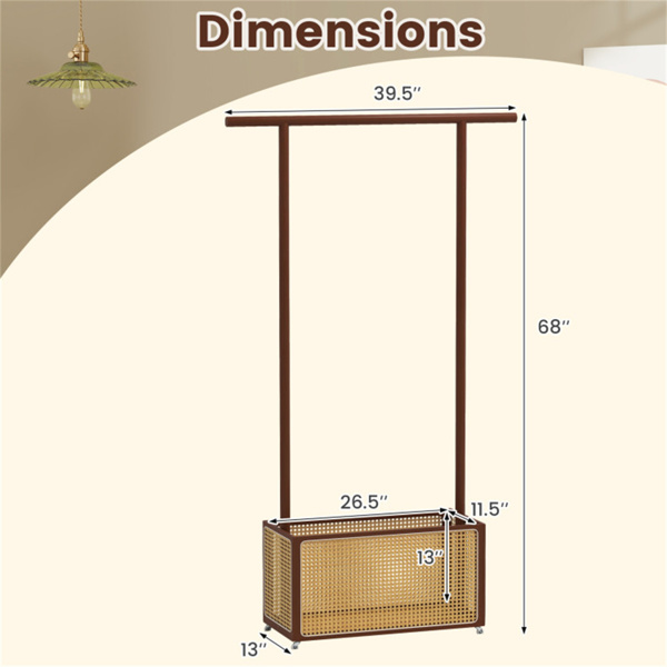 二合一竹制衣架，带滚轮和60L储物篮-棕色-5