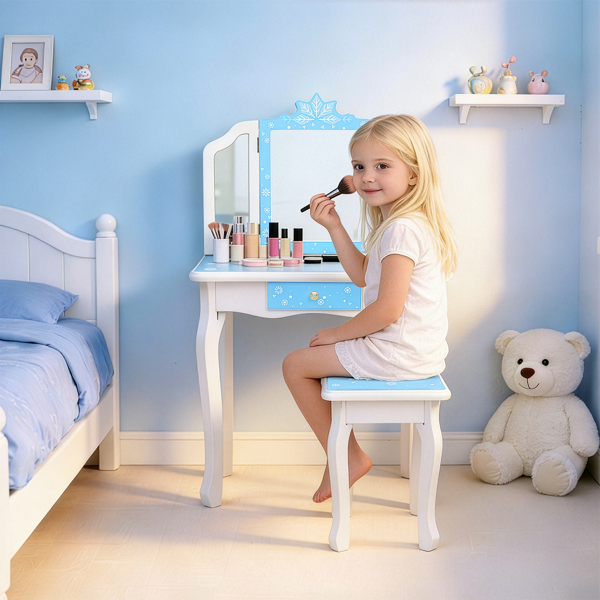  蓝色 雪花 密度板喷漆 三折镜 单抽 梳妆桌套装 儿童 N201-7