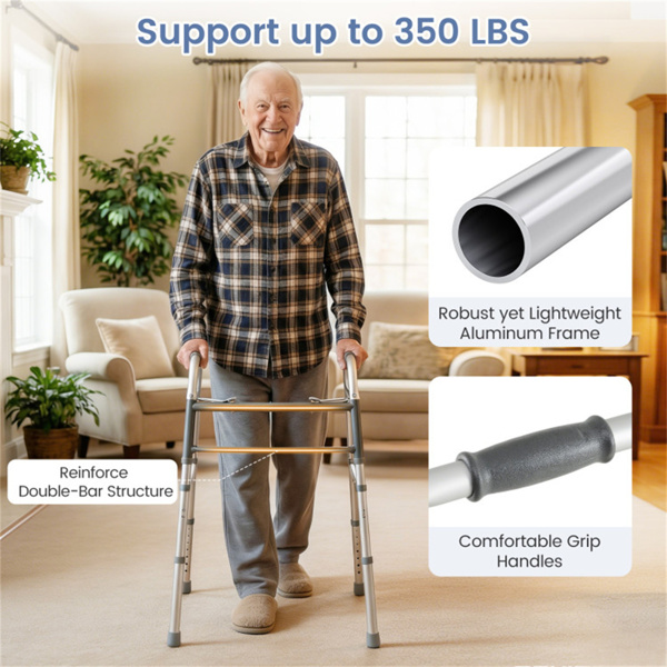 银色可折叠步行车，2按钮折叠机构和7级可调高度（30“-36”），容量350LBS-9