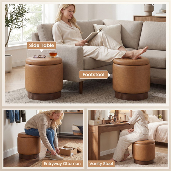 棕色360°旋转储物奥斯曼，43.18×45.72cm仿皮梳妆台凳，带26.50L隐藏空间-8