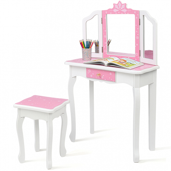  粉色 雪花 密度板喷漆 三折镜 单抽 梳妆桌套装 儿童 N201-6