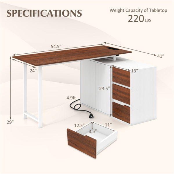 可逆L形办公桌，内置充电站，带抽屉和文件柜的家庭办公桌 - 白色-5