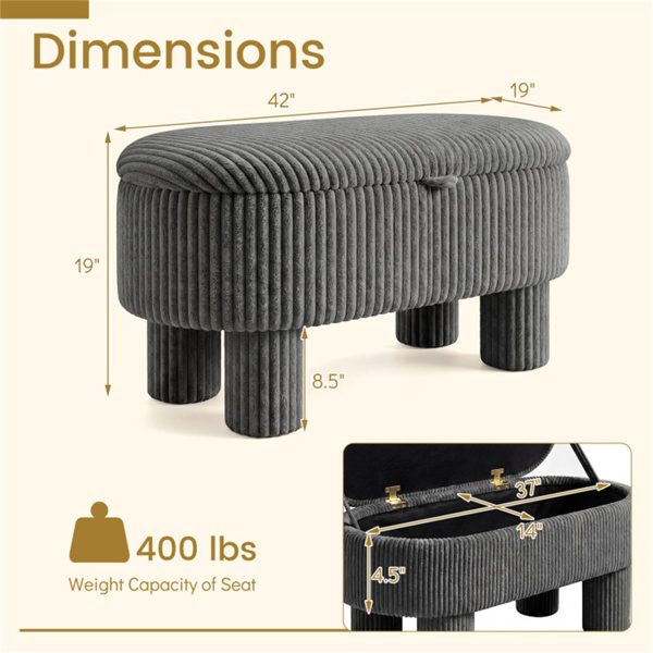 灰色42英寸灯芯绒储物台，毛绒泡沫垫和隐藏式隔间，座椅承重400LBS-6