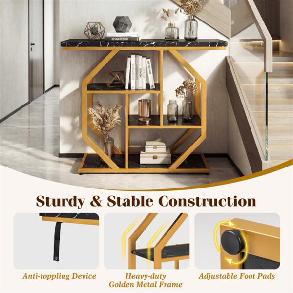 39.5英寸现代沙发桌，带4层储物空间，黑色和金色控制台桌，带人造大理石台面，用于客厅入口-7