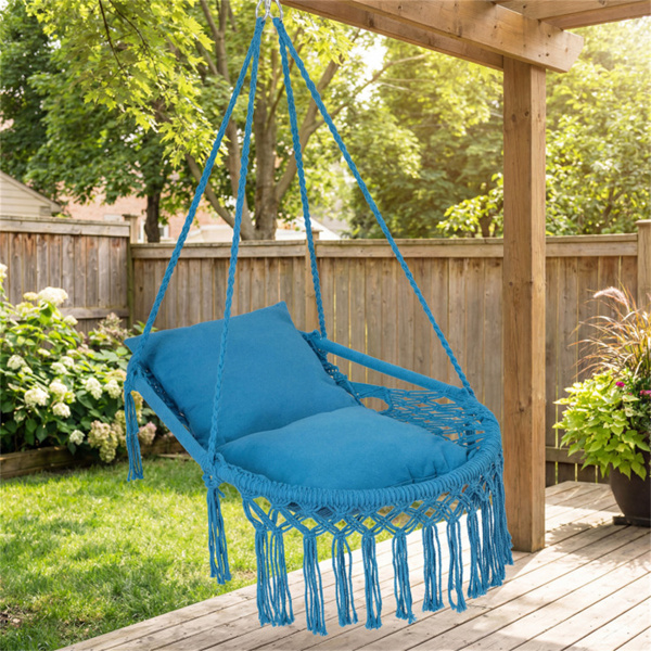 波西米亚流苏结 秋千带2个软垫的悬挂秋千椅，可容纳330磅的吊床椅，适用于室内室外卧室露台阳台-海军蓝-10