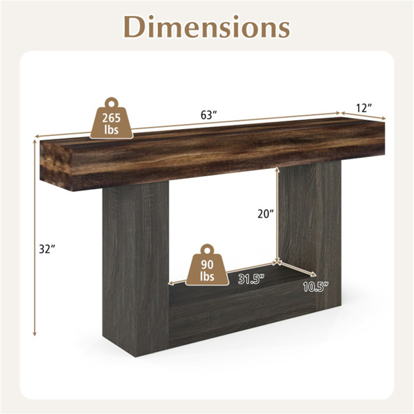 63英寸长窄入口桌，带防倾安全功能，农舍沙发控制台桌，带客厅走廊门厅两层储物空间-4