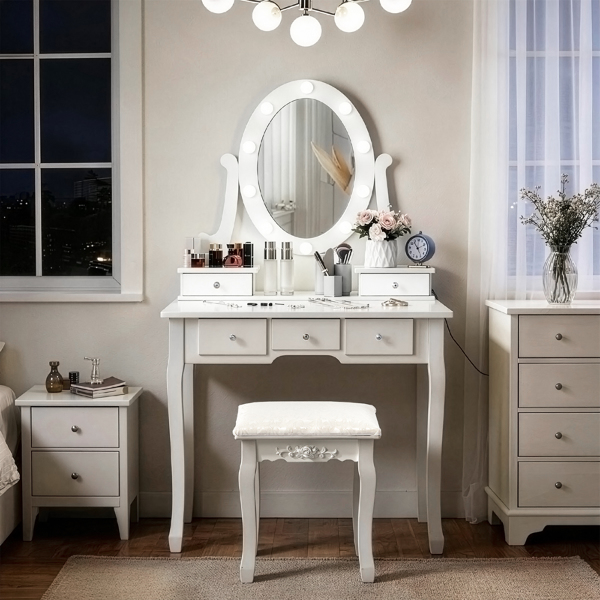 五抽单镜梳妆桌套装 欧式 带灯泡 白色=39757282,61588080-2