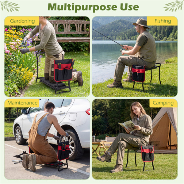 黑色二合一花园折叠凳膝盖，300LBS容量和内置工具袋，舒适的EVA座椅​-9
