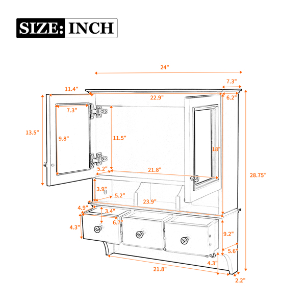 四合一浴室镜柜，24英寸壁挂式药柜，带抽屉和收纳挂钩，高清镜面，带浴室梳妆台储物空间--不支持self-pick up且不支持指定仓库发货-23