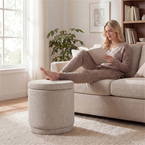 7.7加仑圆形储物奥斯曼脚凳，带相思木框架，400磅承重脚凳 - 米色-3