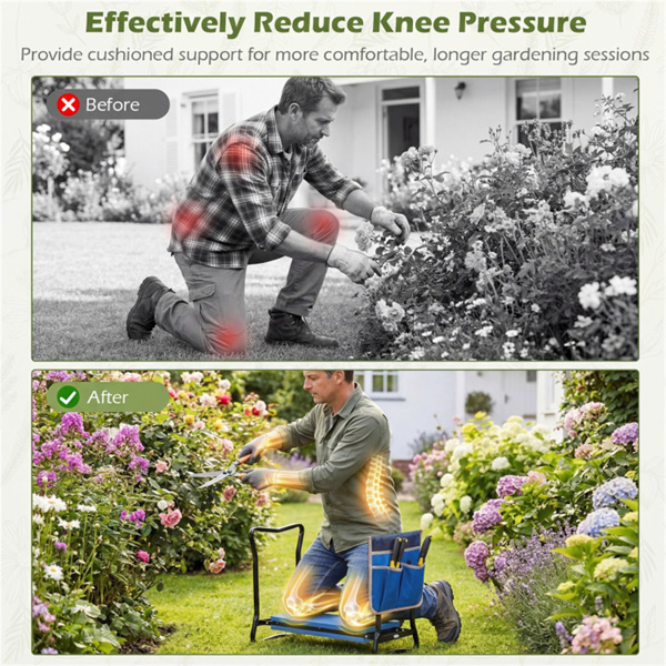 蓝色二合一花园折叠凳膝盖，300LBS容量和内置工具袋，舒适的EVA座椅​-9