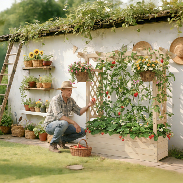 110*44.5*113CM 原木色 带拱形格子 高架花园床 杉木 木种植-19