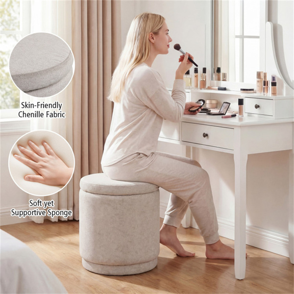 7.7加仑圆形储物奥斯曼脚凳，带相思木框架，400磅承重脚凳 - 米色-6