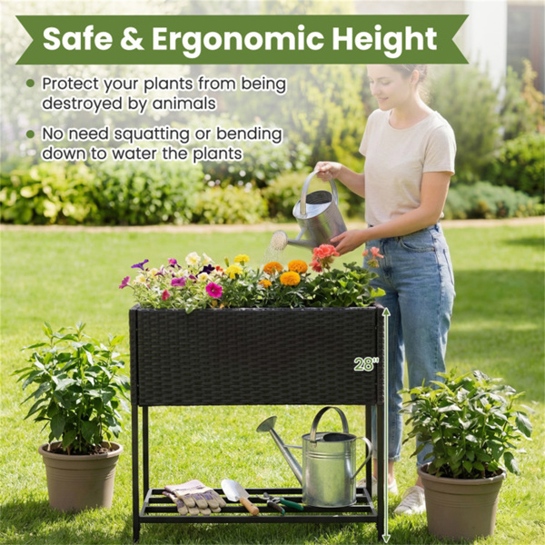 28英寸高架花盆箱，带储物架，符合人体工程学的花园床，用于露台阳台香草蔬菜 - 黑色-8