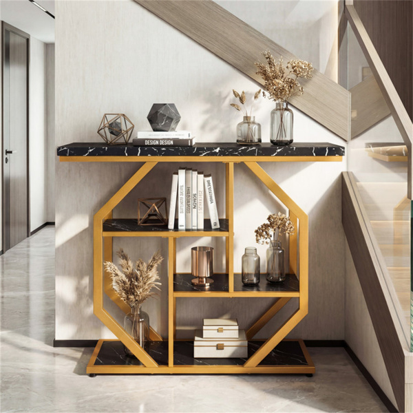 39.5英寸现代沙发桌，带4层储物空间，黑色和金色控制台桌，带人造大理石台面，用于客厅入口-6