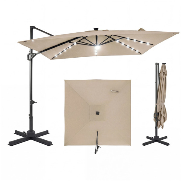 10x10英尺米色太阳能LED悬臂式露台伞360°旋转偏置带灯挂伞-1