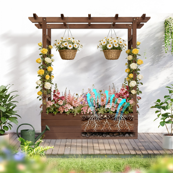 110*44.5*113CM 碳化色 带拱形格子 高架花园床 杉木 木种植-18