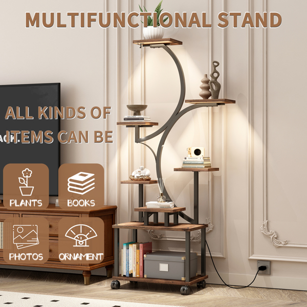 室内植物架带生长灯 - 62 英寸高植物架，带灯转角植物架，适用于室内种植，8 层大型花卉架，S 形装饰架，适用于客厅（胡桃木色）--不支持self-pick up且不支持指定仓库发货-5