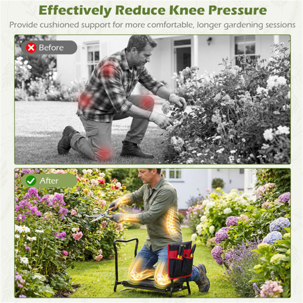 黑色二合一花园折叠凳膝盖，300LBS容量和内置工具袋，舒适的EVA座椅​-8