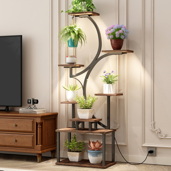 室内植物架带生长灯 - 62 英寸高植物架，带灯转角植物架，适用于室内种植，8 层大型花卉架，S 形装饰架，适用于客厅（胡桃木色）--不支持self-pick up且不支持指定仓库发货-15